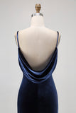 Dark Blue Mermaid Cowl Neck Velvet Long Bridesmaid Dress with Open Back