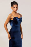 Dark Blue Mermaid Cowl Neck Backless Velvet Long Bridesmaid Dress