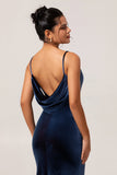 Dark Blue Mermaid Cowl Neck Backless Velvet Long Bridesmaid Dress