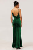 Dark Blue Mermaid Cowl Neck Backless Velvet Long Bridesmaid Dress