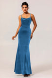 Dark Blue Mermaid Cowl Neck Backless Velvet Long Bridesmaid Dress