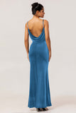 Dark Blue Mermaid Cowl Neck Backless Velvet Long Bridesmaid Dress