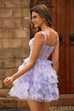 Lavender A-Line Spaghetti Straps Corset Short Homecoming Dress with Ruffles
