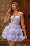 Lavender A-Line Spaghetti Straps Corset Short Homecoming Dress with Ruffles