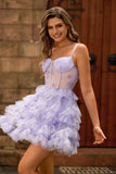 Lavender A-Line Spaghetti Straps Corset Short Homecoming Dress with Ruffles