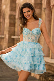 Tiered Ruffled Blue Flower A-Line Homecoming Dress