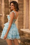 Tiered Ruffled Blue Flower A-Line Homecoming Dress