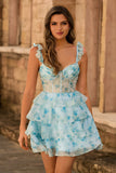 Tiered Ruffled Blue Flower A-Line Homecoming Dress