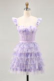 Lilac A-Line Tiered Corset Short Floral Homecoming Dress with Ruffles