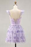 Lilac A-Line Tiered Corset Short Floral Homecoming Dress with Ruffles