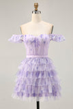 Lilac A-Line Tiered Corset Short Floral Homecoming Dress with Ruffles