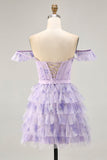 Lilac A-Line Tiered Corset Short Floral Homecoming Dress with Ruffles