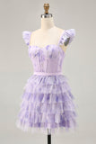 Lilac A-Line Tiered Corset Short Floral Homecoming Dress with Ruffles