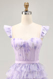 Lilac A-Line Tiered Corset Short Floral Homecoming Dress with Ruffles