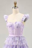 Lilac A-Line Tiered Corset Short Floral Homecoming Dress with Ruffles