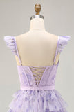 Lilac A-Line Tiered Corset Short Floral Homecoming Dress with Ruffles