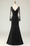 Black Mermaid V-Neck Appliqued Mother Of Bride Dress with Long Sleeves