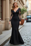 Black Mermaid V-Neck Appliqued Mother Of Bride Dress with Long Sleeves