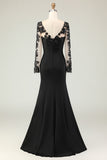 Black Mermaid Appliqued V-Nevk Long Mother Of The Bride Dress with Sequins