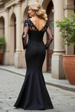 Black Mermaid V-Neck Appliqued Mother Of Bride Dress with Long Sleeves