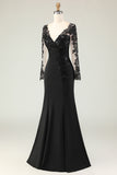 Black Mermaid Appliqued V-Nevk Long Mother Of The Bride Dress with Sequins