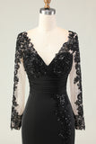 Black Mermaid Appliqued V-Nevk Long Mother Of The Bride Dress with Sequins