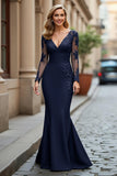 Black Mermaid V-Neck Appliqued Mother Of Bride Dress with Long Sleeves