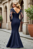 Black Mermaid V-Neck Appliqued Mother Of Bride Dress with Long Sleeves