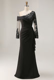 Black Mermaid Appliqued Long Sleeve Mother Of The Bride Dress with Streamer