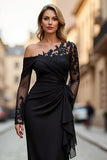 Black Mermaid Appliqued Long Sleeve Mother Of The Bride Dress with Streamer