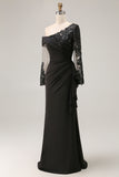 Black Mermaid Appliqued Long Sleeve Mother Of The Bride Dress with Streamer