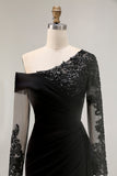 Black Mermaid Appliqued Long Sleeve Mother Of The Bride Dress with Streamer