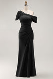 Black Sheath One Shoulder Ruched Mother Of The Bride Dress with Beading
