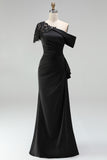 Black One Shoulder Sheath Ruched Mother Of The Bride Dress with Beading