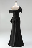 Black One Shoulder Sheath Ruched Mother Of The Bride Dress with Beading
