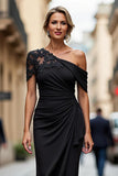 Black One Shoulder Sheath Ruched Mother Of The Bride Dress with Beading