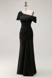 Black Sheath One Shoulder Ruched Mother Of The Bride Dress with Beading
