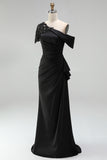 Black One Shoulder Sheath Ruched Mother Of The Bride Dress with Beading