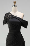 Black One Shoulder Sheath Ruched Mother Of The Bride Dress with Beading