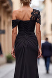 Black One Shoulder Sheath Ruched Mother Of The Bride Dress with Beading