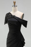 Black One Shoulder Sheath Ruched Mother Of The Bride Dress with Beading