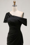 Black Sheath One Shoulder Ruched Mother Of The Bride Dress with Beading