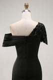 Black Sheath One Shoulder Ruched Mother Of The Bride Dress with Beading