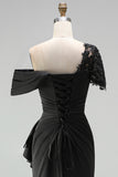 Black One Shoulder Sheath Ruched Mother Of The Bride Dress with Beading