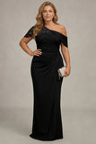 One Shoulder Black Sheath Ruched Plus Size Mother Of The Bride Dress with Beading
