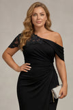 One Shoulder Black Sheath Ruched Plus Size Mother Of The Bride Dress with Beading