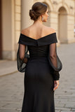 Black Off The Shoulder Ruched Mother Of The Bride Dress with Long Sleeves