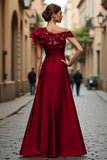 Burgundy A-Line Asymmetrical Neck Long Mother Of Bride Dress with Appliques