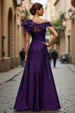 Burgundy A-Line Asymmetrical Neck Long Mother Of Bride Dress with Appliques