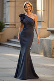 One Shoulder Mermaid Black Mother Of The Bride Dress with 3D Flower